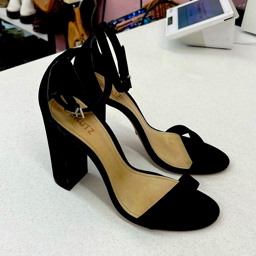 Black Schutz heeled sandals, leather sole, size 9.5
